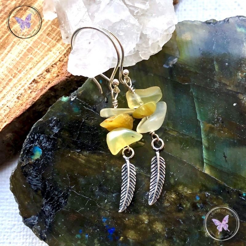 Yellow Opal Silver Feather Earrings